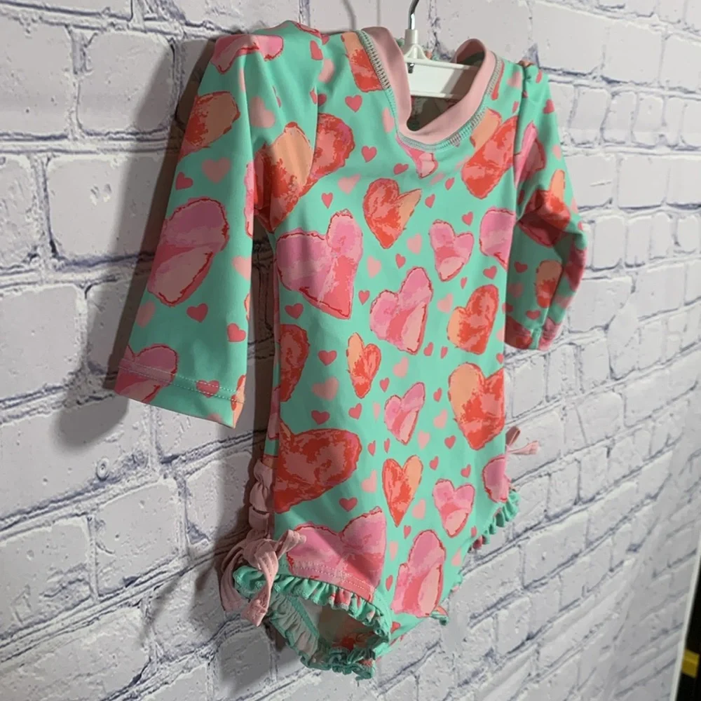 Ruffle Butts Baby Girls Long Sleeve Swim Suit Heart Pink & Blue Size 3-6M Beach